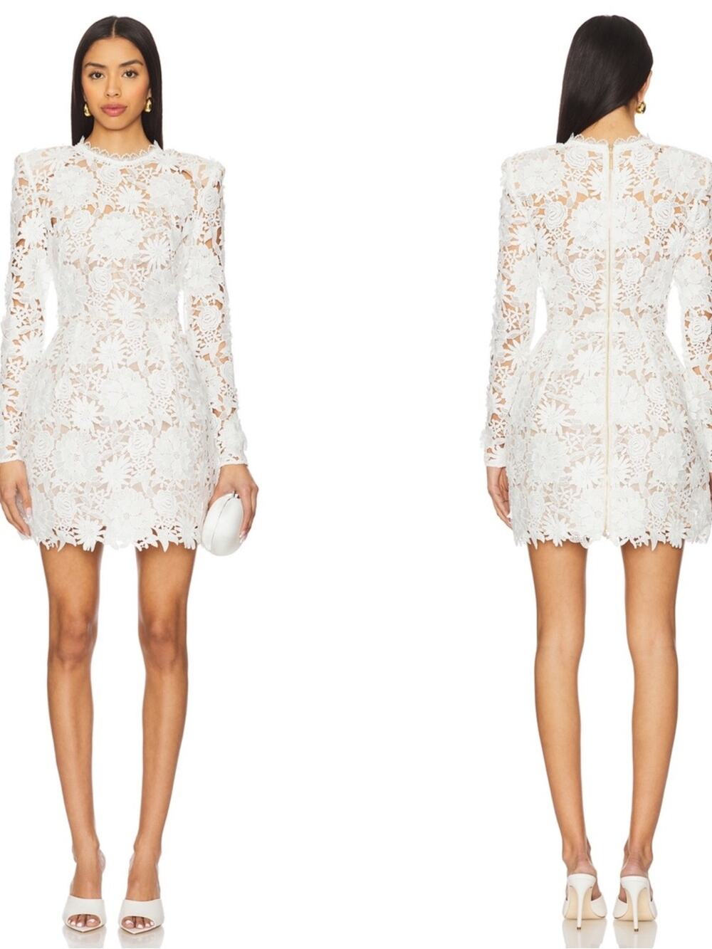 BRONX AND BANCO Maia Floral Appliqué Lace Long Sleeve White Mini Dress Size S